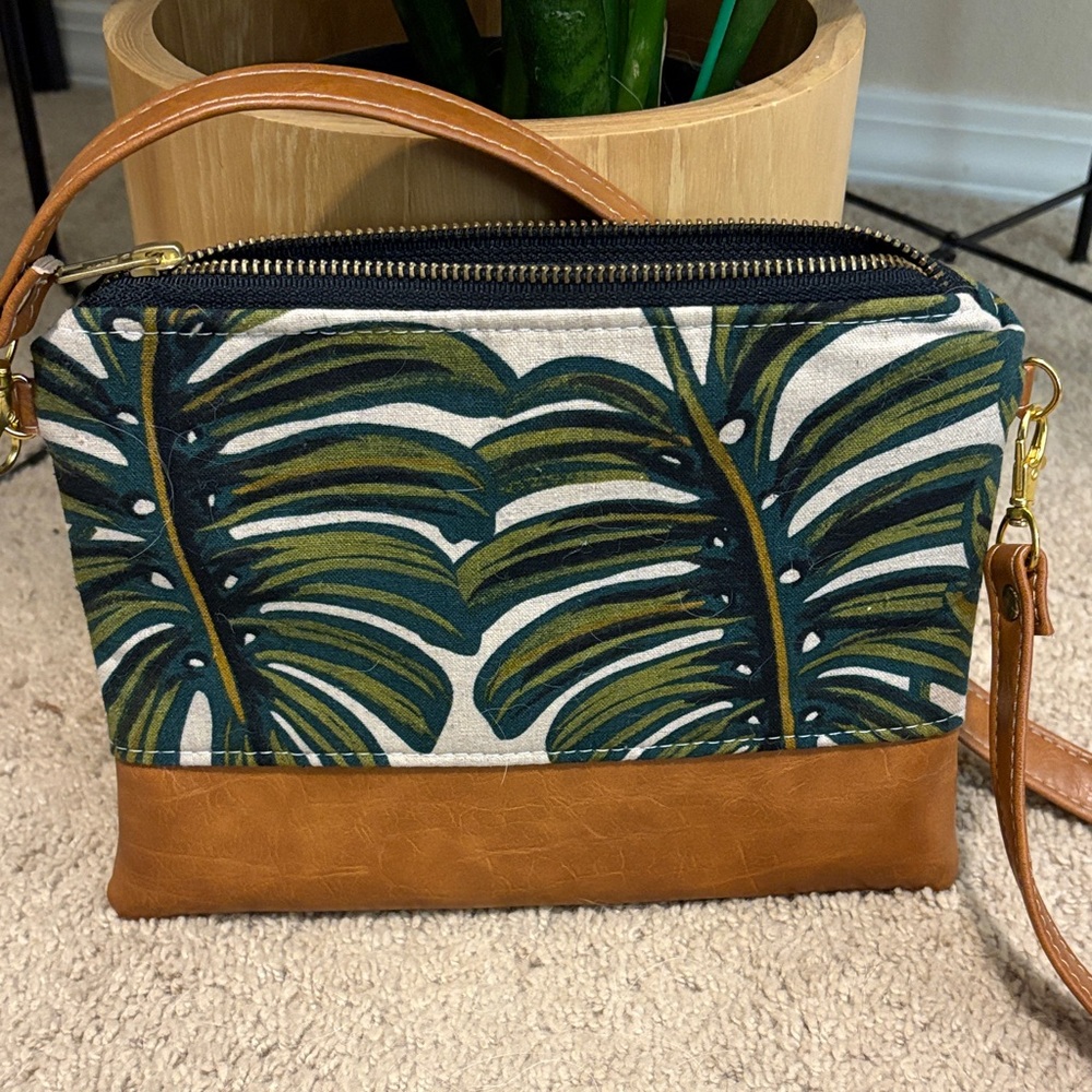 Tropical Leaf Canvas Crossbody Bag with Brown Faux Leather